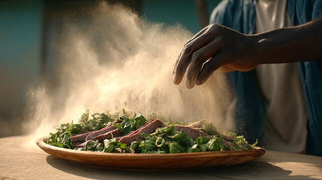A chef sprinkles seasonings onto a gourmet salad served on a rustic wooden plate