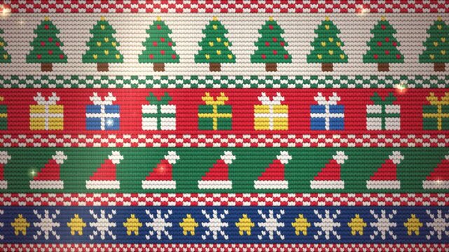 Festive knitted sweater background featuring colorful holiday patterns with glowing lights and winter motifs