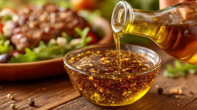 A glass bowl filled with flavorful vinaigrette dressing being poured from a bottle