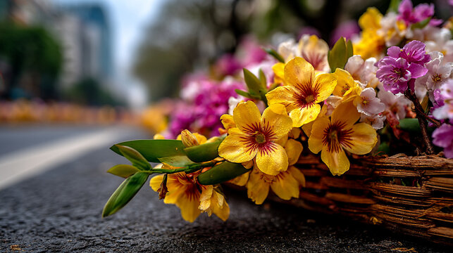 Bright yellow apricot blossoms and pink flowers arranged in a wicker basket