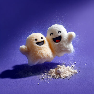 Cute funny plush ghost toys jumping and playing with powder on background