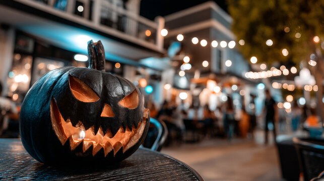 Glowing carved halloween pumpkin jack o lantern on street cafe table city