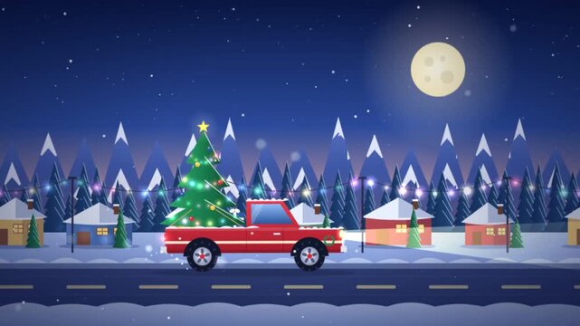 Red pickup truck carrying a decorated christmas tree driving along snowy village road at night