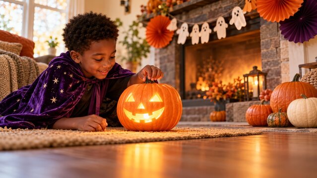 Child in wizard cape reaches toward glowing jack-o-lantern at home. Halloween decorating with pumpkins and ghost garland. Seasonal family celebration. Trick or treat holiday tradition.