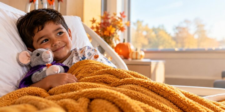 Child cuddling a plush mouse in bed with autumn and Halloween decorations. Cozy seasonal bedtime comfort. Childhood, play and reassurance. Fall holiday family lifestyle