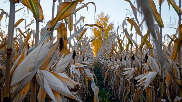 A narrow green path leads deep between tall rows of dry late-season corn, where faded tan husks and twisting leaves frame a lone amber tree under a pale blue sky in a quiet rural harvest setting