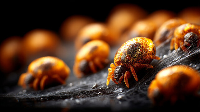 Macro close up of orange mites clustered on dark textured surface with pest control