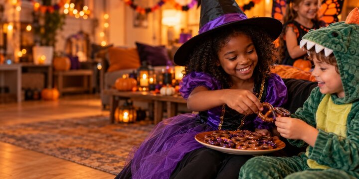 Children in witch and dinosaur costumes sharing pretzels at a Halloween party. Family celebration and childhood fun. Trick or treating season, festive holiday tradition.