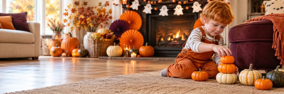 Young child stacking pumpkins in a decorated living room. Halloween family activity and seasonal celebration. Autumn harvest, fall holiday traditions and home decorating.