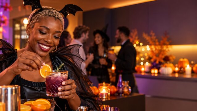 Woman in bat costume garnishing a purple cocktail at a Halloween party bar. Guests socialize among seasonal decorations. Halloween celebration and costume party.