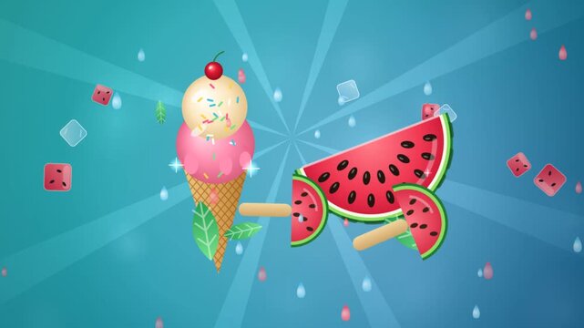 Delicious colorful ice cream cone floating alongside refreshing watermelon slices against vibrant summer blue background