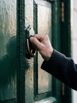 Hand knocking on a vintage green wooden door with brass handle