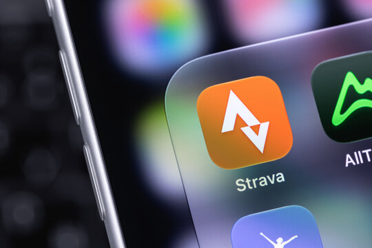Strava mobile icon apps on a screen smartphone iPhone. Strava, AllTrails, and Ladder are all popular fitness, health-tracking mobile applications. Batumi, Georgia - October 3, 2026