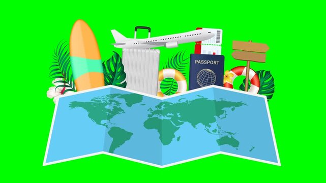 Travel and vacation animation with world map, airplane, luggage, surfboard, and passport on green screen   