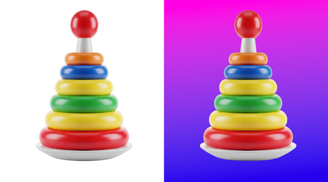 Colorful plastic stacking ring toy with a red sphere on isolated on a white background