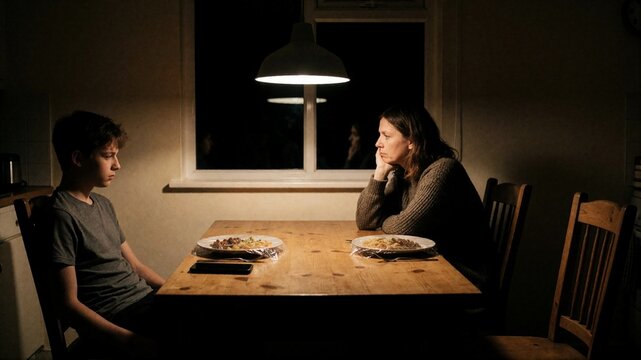 Moody scene of a mother and son having a tense dinner