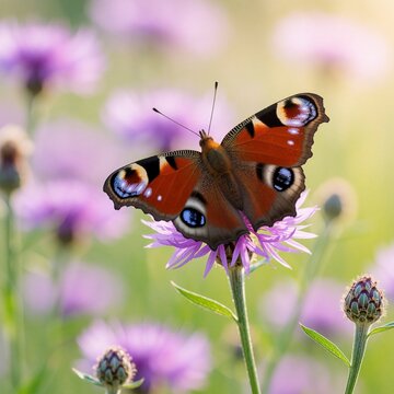 Peacock Butterfly on a Purple Cornflower in a Meadow