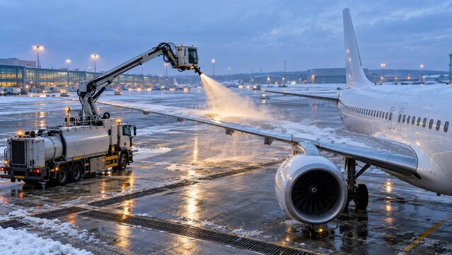 Aircraft Deicing at Winter Airport with Ground Support Truck and Drainage