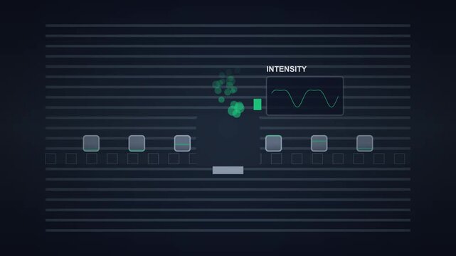 Seamless loop of an industrial carbon intensity dashboard with moving green particles and a data visualization wave graph.