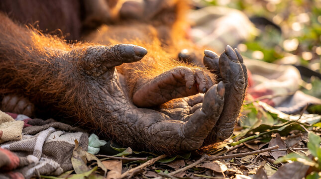 A heartwarming close-up of a mother orangutan tenderly holding her infant foot, symbolizing deep maternal bonds often threatened by the devastating wildfire