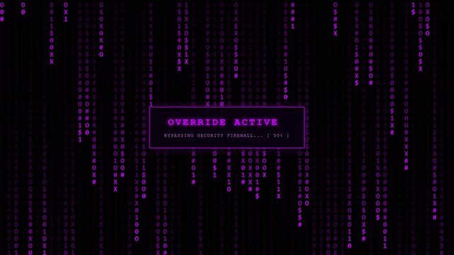 Purple binary code rain with override active bypassing firewall alert animation