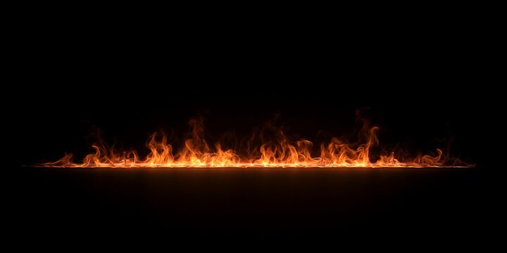 Line of fire burning on a dark background. Realistic flames blaze along horizontal ground. Fireline banner and design element