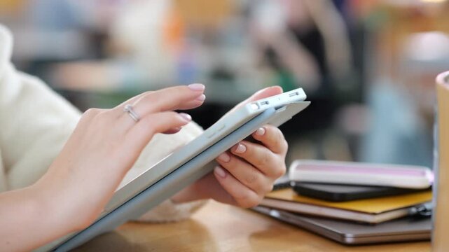 Close-up of hands typing on a tablet. Cup and notebooks sit on the wooden table. Background is softly blurred. Natural light illuminates the scene. Ring glints on one finger