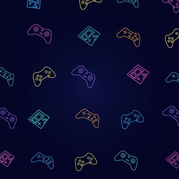 Seamless pattern animation of neon glowing retro gaming controllers on dark background