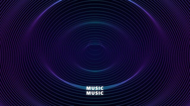 Music text centered on abstract background with glowing blue and purple concentric circles pulsating in rhythmic motion creating a dynamic digital tunnel effect for modern media and broadcast projects