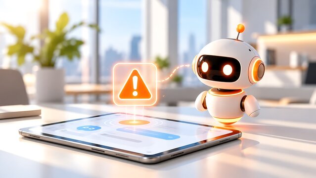AI Chatbot Robot With Warning Alert Hologram Over Digital Tablet On Office Desk