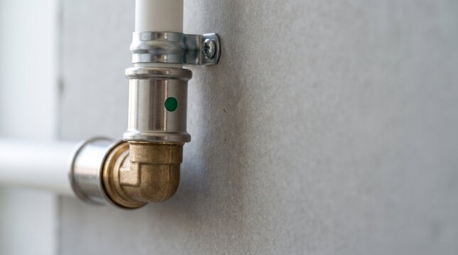 Brass elbow press fitting on a white multilayer pipe on a wall