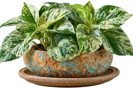 Pothos marble queen houseplant in a textured rustic pot with potted plant