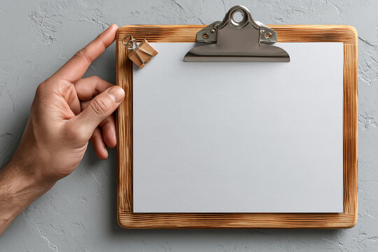 Human hand holding wooden clipboard with blank paper sheet against textured