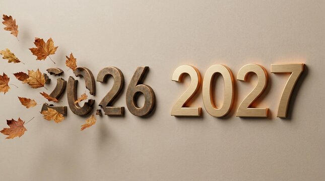 New year 2027 numbers with autumn leaves blowing away from disintegrating 2026 numbers.