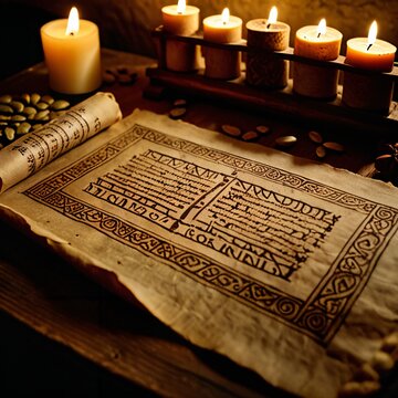 An old, unrolled parchment scroll, covered in mysterious runic inscriptions, lies on a dark wooden table. Nearby are a rolled-up scroll, scattered seeds, and burning wax candles, creating a warm, myst