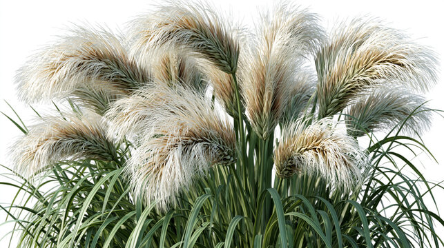 Pampas grass ornamental plant with feathery plumes against clear white