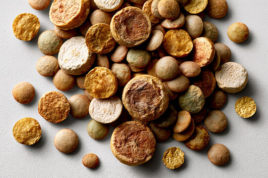 A pile of assorted raw dry lentils on a light surface with dried beans