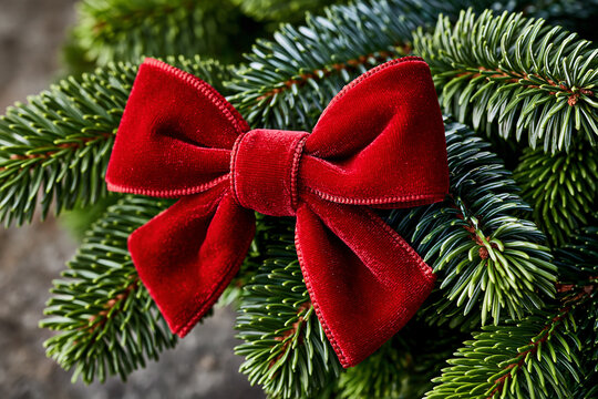 A festive red velvet ribbon bow tied onto evergreen tree branches