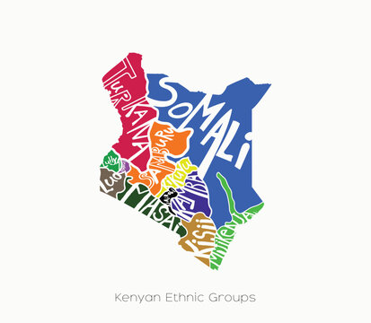 Colorful Kenya ethnic groups map with hand lettered names