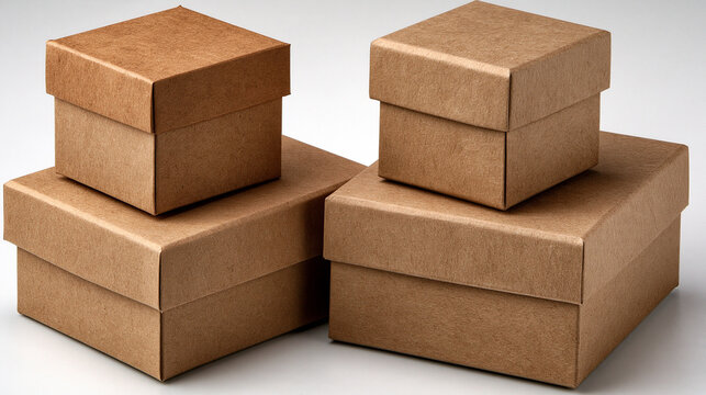 Four stacked brown paper boxes of various sizes on a plain background