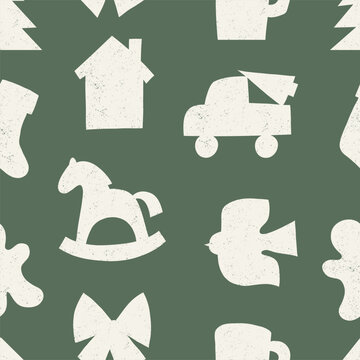 Vintage Christmas Ornaments. Silhouette Hand Drawn Vector Seamless pattern