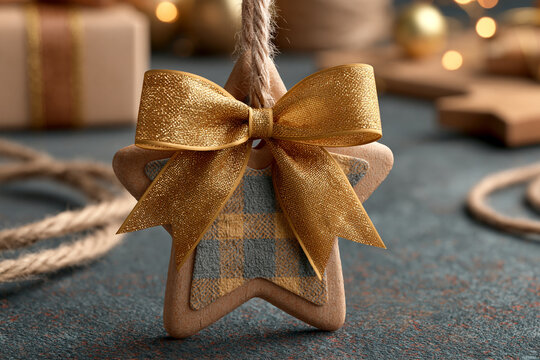 Rustic wooden star christmas ornament adorned with a gold ribbon bow
