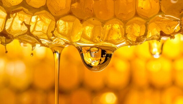 Fresh golden honey dripping from a rustic wax honeycomb against a warm blurred background.