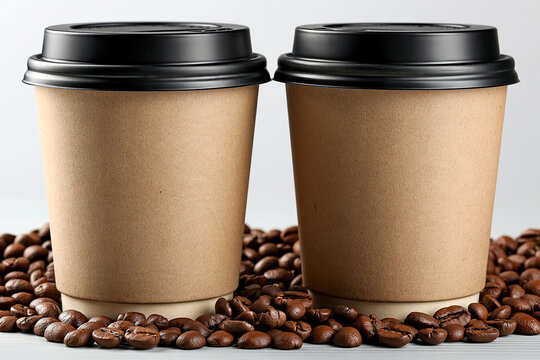 Two takeaway paper cups filled with coffee surrounded by roasted beans