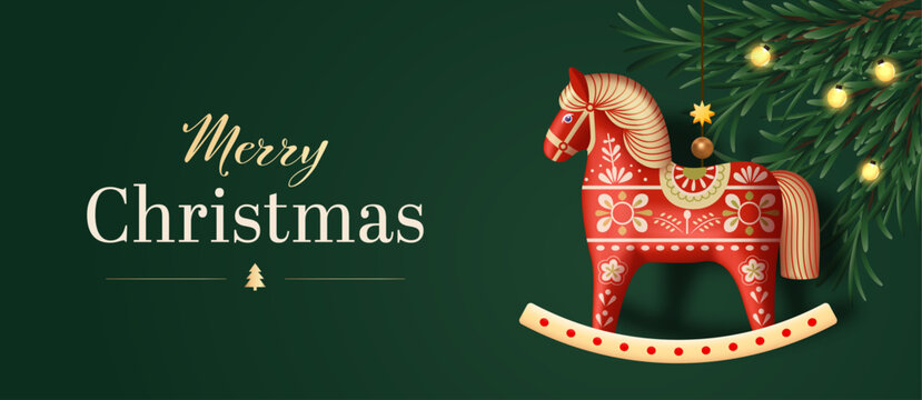 Christmas Banner with Scandinavian Rocking Horse with Pine Branches and Golden Christmas Lights on Green Background Editable Vector Illustration