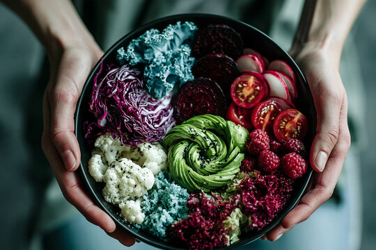Person holding a dark bowl filled with a fresh vegetable salad
