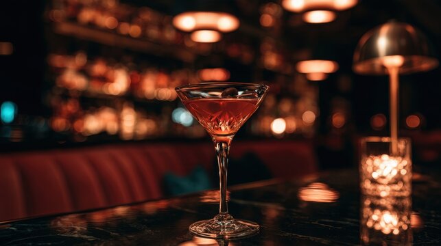 Elegant glass of amber cocktail on dark glossy bar counter with warm bokeh light cozy night atmosphere in upscale lounge