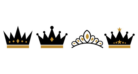 Royal Crown and Princess Tiara Icons Set Gold and Black King Queen Luxury Symbols Isolated on Transparent Background © Md Mahmudur@123