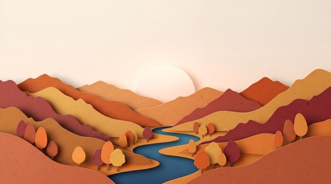 Paper cut autumn mountains and a winding river at sunset