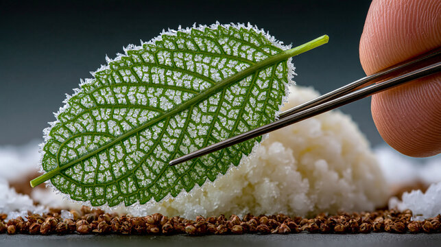 Chef carefully places a textured green leaf onto a small appetizer bowl